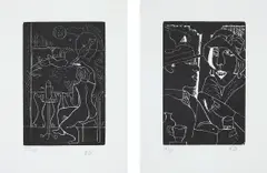 Edward Burra, Fleet's Inn; and Two at the Bar, from Woodcuts 1928-29, 1971, Two woodcuts, on laid paper, with full margins