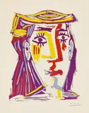 Portrait de Jacqueline au chapeau de paille multicolore (Portrait of Jacqueline in a Multicoloured Straw Hat) by Pablo Picasso, 1962, Linocut in colours, on Arches paper, with full margins, sold Sep 2019