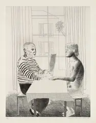 Artist and Model by David Hockney, 1973-74, Hard-ground, soft-ground and lift-ground etching, on Arches paper, with full margins, sold Sep 2019
