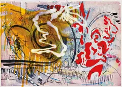 Sigmar Polke, Untitled [Mönchengladbach 1983], 1983, Acrylic gloss paint, resin and ink extensively applied over an offset lithograph in colours, on light board, with full margins