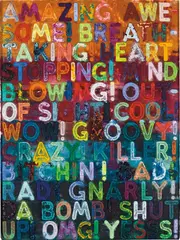 Mel Bochner, Amazing, 2018, Monoprint with collage, engraving, embossing and oil paint in colours, on handmade and hand-dyed Twinrocker paper, the full sheet