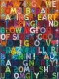 Mel Bochner, Amazing, 2018, Monoprint with collage, engraving, embossing and oil paint in colours, on handmade and hand-dyed Twinrocker paper, the full sheet