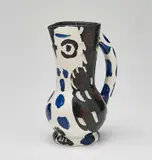 Pablo Picasso, Petit pichet de hibou (Small Owl Pitcher), 1955, White earthenware turned pitcher, painted in colours with partial engraving and brushed glaze