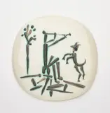 Joueur de flûte et chèvre (Flute Player and Goat) by Pablo Picasso, 1956, White earthenware plaque, painted in colours with partial brushed glaze, sold Sep 2019