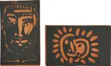 Visage d’homme (Man's Face); and Petite soleil (Little Sun) by Pablo Picasso, 1966; and 1968-69, Two red earthenware plaques, with painting in black, sold Sep 2019