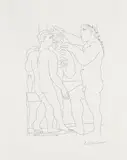 Pablo Picasso, Jeune sculpteur Grec avec sa sculpture: un homme et un Éphèbe (Young Greek Sculptor with his Sculpture: A Man and an Ephebe), plate 52 from La Suite Vollard, 1933, Etching, on Montval paper watermarked Vollard , with full margins