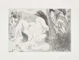 Pablo Picasso, Raphaël et la Fornarina IV: avec le Pape tirant le rideau (Raphael and the Fornarina IV: with the Pope Pulling Back the Curtain), plate 299 from the 347 Series, 1968, Etching, on Rives paper, with full margins