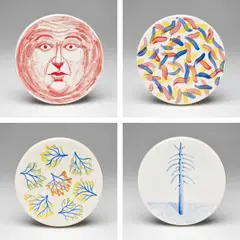 Dinner for 24 Animals by Nicolas Party, 2016, Four hand-painted and glazed ceramic plates, contained in the original green 'malachite' painted wooden case, sold Sep 2019