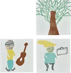 Tree; Composition with Guitar; and Composition with Suitcase by Donald Baechler, 1988, Three stencilled handmade paper and woodcut prints in colours, the full sheets, offered Sep 2019
