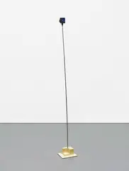 Takis, Signal No. 20 - Série 1, 1974, Floor-standing electric multiple comprised of metal casing with textured black finish, blue Plexiglas light filter, metal rod support and beige painted metal base