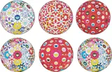 Cosmic Power; Flowerball: Koi/Red crowned Crane Vermilion; Flowerball: Bright Red; Space Show; Thinking Matter (Red); and Hold Me Tight by Takashi Murakami, 2016-2017, Six offset lithographs in colours, on smooth wove paper, the full sheets, sold Sep 2019
