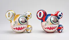 ComplexCon: Mr. Dob (Red/Blue); and ComplexCon: Mr. Dob (Gold) by Takashi Murakami, 2016, Two vinyl multiples with hand-printing in colours, each contained in the original silk-lined, printed cardboard boxes, sold Sep 2019