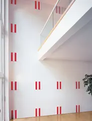 Daniel Buren, 25 Enamel Plates, from Wall Works, 1993, The complete set of 25 steel plates with red and white baked enamel, to be installed on a wall with each plate equidistant in five rows of five plates and five columns of five plates