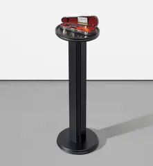 Hanne Darboven, Geigensolo (Violin Solo), 1992, Miniature varnished wooden violin, string bow and red velvet lined case, on black lacquered wooden column, with accompanying two A4 pages of hand-written sheet music titled Geigensolo