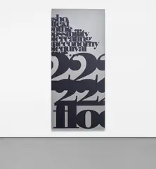 Liam Gillick, A short text on the possibility of creating an economy of equivalence, from Door Cycle, 2006, Laser-cut stainless steel on HPL laminated wooden door panel with screenprint in black
