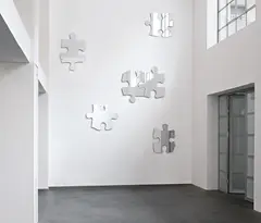 Mona Hatoum, Puzzled, from Wall Works, 2009, The complete set of six mirror-polished aluminium plated MDF hardboard puzzle shaped elements, to be installed on a wall painted in matte white, grey, or black