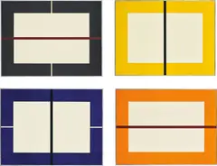 Donald Judd, Untitled, 1993, The complete set of four woodcuts printed in black, orange, yellow and ultramarine blue, on Japanese paper, the full sheets, each with an oil paint stripe on the glass of the original galvanized iron frames