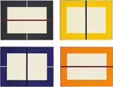 Donald Judd, Untitled, 1993, The complete set of four woodcuts printed in black, orange, yellow and ultramarine blue, on Japanese paper, the full sheets, each with an oil paint stripe on the glass of the original galvanized iron frames