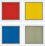 Sol LeWitt, Red, Yellow, Blue, and Gray Squares Bordered by a Black Band, 1989, The complete set of four aquatints in colours, on Magnani paper, with full margins