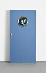 Fool, from Door Cycle by Tony Oursler, 2006, Metal door plate painted in blue with round glass framed window and metal door handle, with DVD player and screen mounte, sold Jun 2019