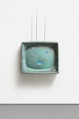 Born Again by Nam June Paik, 1991, Patinated cast bronze of a Kuba television with three television monitors, antennae, and plug, sold Jun 2019