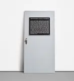 Santiago Sierra, Aviso Público (Public Notice), from Door Cycle, 2006, Cast aluminium relief sign with black enamel paint on a grey painted galvanised iron door plate with metal door knob and lock