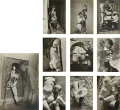 Hans Bellmer, La Poupée, 1936, Paris: Editions GLM, 1936. 10 gelatin silver prints, each mounted to thin board, disbound; printed ivory jacket, rose-coloured endpapers and text pages, publisher’s subscription inserts for Les Jeux de la Poupée and associated printed matter. An unnumbered publishers copy