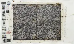 Peter Beard, 756 elephants in a “misery likes company” formation / destroyed social units from starvation / exceeding carrying capacity / over-population / + mismanagement / TSAVO / @ the Mkomazi border / for The End of the Game / last word from Paradise, 1976, Unique work, comprising gelatin silver print with ink, blood and affixed gelatin silver prints, executed later