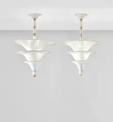 Napoleone Martinuzzi, Two rare ceiling lights, circa 1929, Pulegoso glass, painted metal