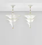 Napoleone Martinuzzi, Two rare ceiling lights, circa 1929, Pulegoso glass, painted metal