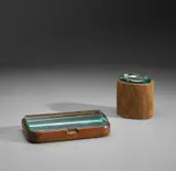 Tobacco box and cigarette box, model no. 1137 by Pietro Chiesa, circa 1938, Walnut, Brazilian rosewood, glass, sold Mar 2019