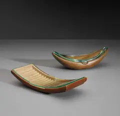 Lidded box and cigarette box by Pietro Chiesa, circa 1938, Walnut, glass, sold Mar 2019