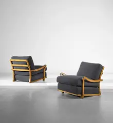 Pair of armchairs by Luigi Vietti, circa 1930, Oak, fabric, sold Mar 2019