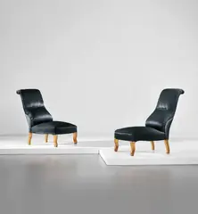 Carlo Mollino, Unique pair of lounge chairs, designed for the living room of the Ada and Cesare Minola House, Turin, 1944-1946, Gilt wood, fabric, brass nailheads