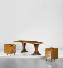 Unique desk and pair of drawer units, designed for the study of Casa F., Milan by Franco Albini, circa 1956, Walnut-veneered wood, walnut, brass, sold Mar 2019