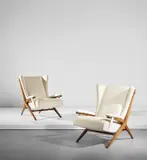 Franco Albini, Pair of early 'Fiorenza' armchairs, designed for the dining room of Casa F., Milan, circa 1945, Walnut, fabric, brass