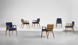 Franco Albini, Set of six early 'Luisa' armchairs, designed for the dining room of Casa F., Milan, circa 1945, Walnut, fabric, leather, nickel-plated metal, brass