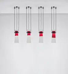 Studio B.B.P.R., Set of four ceiling lights, designed for the Olivetti showroom, New York, circa 1954, Opaque glass with applied coloured glass band, painted metal