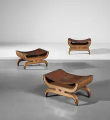 Gio Ponti, Set of three stools, designed for the Contini Bonacossi residence, Quadreria Moderna, Villa Vittoria, Florence, 1930-1931, Walnut-veneered wood, leather, bronze