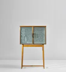 Unique cabinet, designed for the Postisäästöpankki (Finnish Post Bank) by Yrjö Rosola and Runar Engblom, 1943, Elm-veneered wood, elm, brass, engraved glass, glass, nickel-plated metal, sold Mar 2019