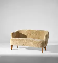 Flemming Lassen, Sofa, late 1940s, Stained ash, sheepskin