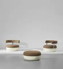 Maurice Calka, Pair of rare 'Mandarine' armchairs and ottoman, 1969-1970, Fabric, fibreglass, steel