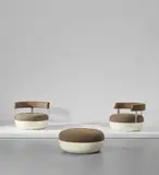 Maurice Calka, Pair of rare 'Mandarine' armchairs and ottoman, 1969-1970, Fabric, fibreglass, steel