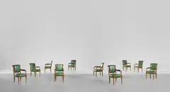 Important set of ten 'Board Room' chairs, designed for the Midland Bank Limited, New Head Offices, Poultry, London by Edwin Lutyens, 1924-1939, Cuban mahogany, leather, brass, painted wood, offered Mar 2019