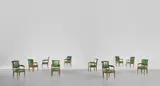 Edwin Lutyens, Important set of ten 'Board Room' chairs, designed for the Midland Bank Limited, New Head Offices, Poultry, London, 1924-1939, Cuban mahogany, leather, brass, painted wood