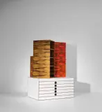Storage Unit Furniture No. 4, from the 'Mémoires de Chine' collection by Ettore Sottsass, 1996, Plastic-laminated wood, stained cocobolo-veneered chipboard, black limba-veneered chipboard, painted wood, sold Mar 2019