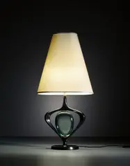 Table lamp by Max Ingrand, circa 1955, Painted metal, coloured glass, brass, linen shade, sold Mar 2019