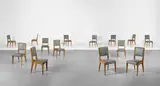 Gio Ponti, Set of fourteen dining chairs, late 1950s, Oak, vinyl