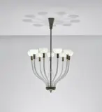 Rare nine-armed chandelier, model no. 5338 by Carlo Scarpa, circa 1942, Zanfirico glass, glass, brass, sold Mar 2019