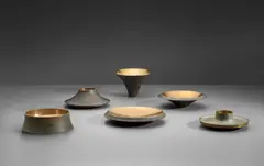 Angelo Mangiarotti, Set of six vessels, circa 1961, Patinated and burnished bronze